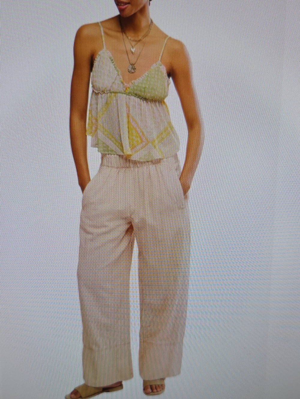 Free People Patchwork Spaghetti Strap Cami in Yellow & Sage PTP 14